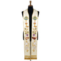 Front view of the Ivory World Communion Stole, showing the globe, chalice, grapevine, clasped hands and dove sequence.