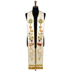 Front view of the Ivory World Communion Stole, showing the globe, chalice, grapevine, clasped hands and dove sequence.