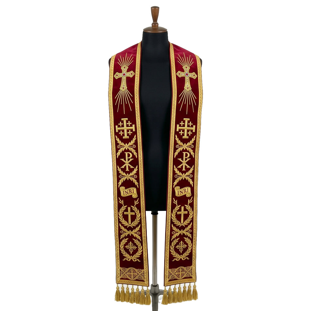 Burgundy velvet-look Latin Mass Stole with a jeweled cross, Jerusalem cross, Chi Rho and INRI banner embroidery.