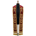 Burgundy velvet-look Latin Mass Stole with a jeweled cross, Jerusalem cross, Chi Rho and INRI banner embroidery.