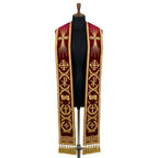 Burgundy velvet-look Latin Mass Stole with a jeweled cross, Jerusalem cross, Chi Rho and INRI banner embroidery.