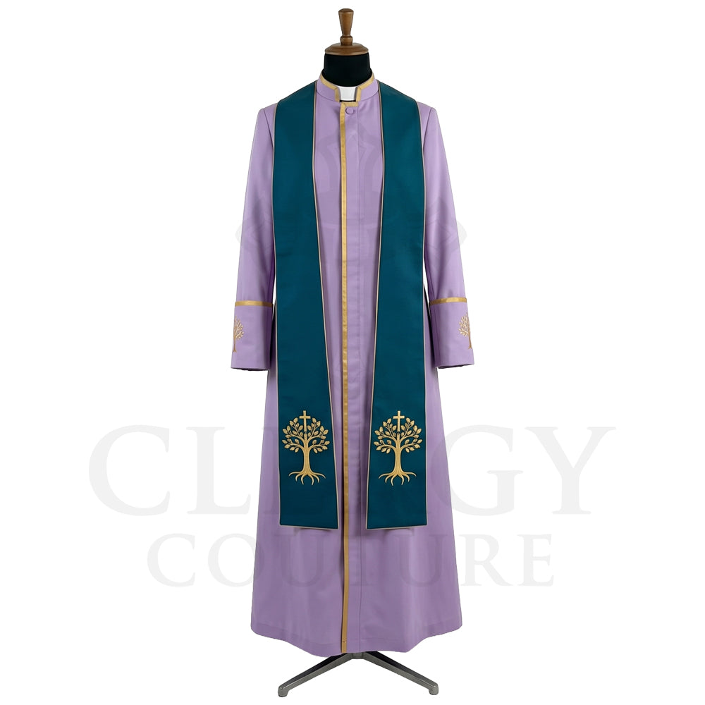 Front view of a lavender clergy cassock robe worn with the optional teal stole embroidered with the Tree of Life in gold.