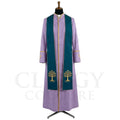 Front view of a lavender clergy cassock robe worn with the optional teal stole embroidered with the Tree of Life in gold.