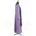 Side view of the lavender cassock robe showing the teal yoke over the shoulder and the flapped hip pocket.