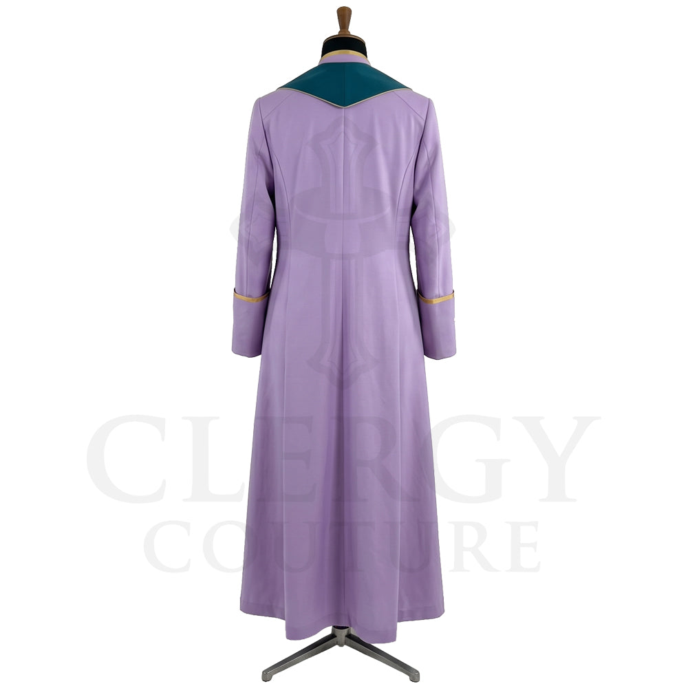 Back view of the lavender cassock robe without the stole, showing the pointed teal yoke across the shoulders.