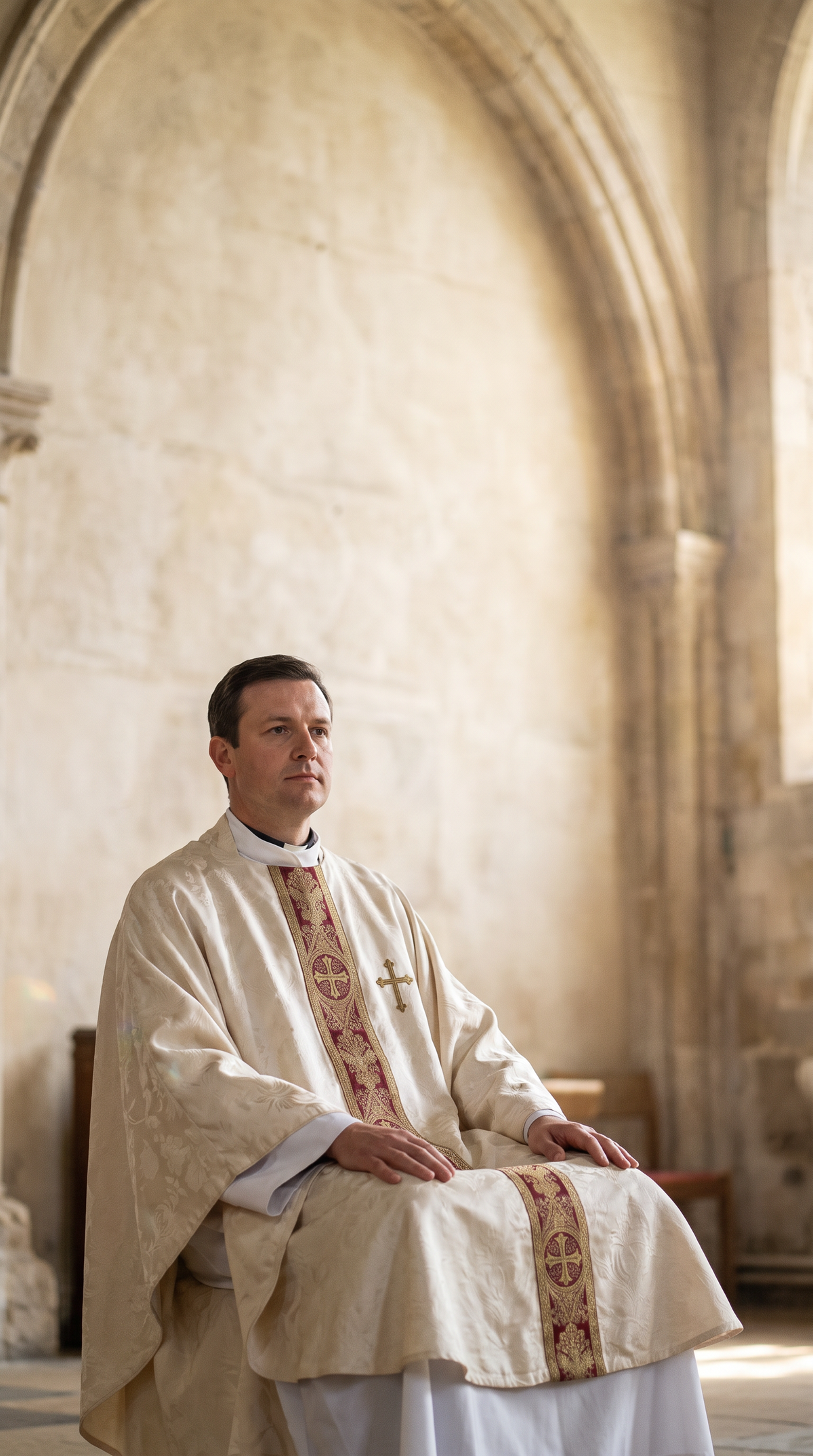 A priest vested in an ivory silk damask chasuble beneath a stone arch in a church interior