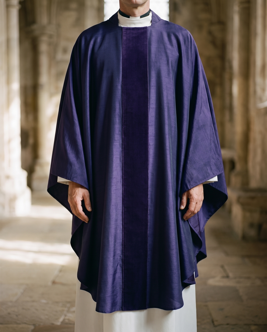 A priest vested in a violet chasuble in a quiet stone church during Lent