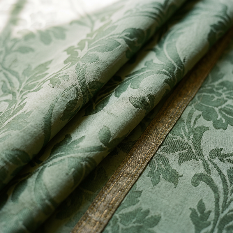 Close detail of green silk damask vestment fabric with gold galloon trim, the liturgical colour of Ordinary Time