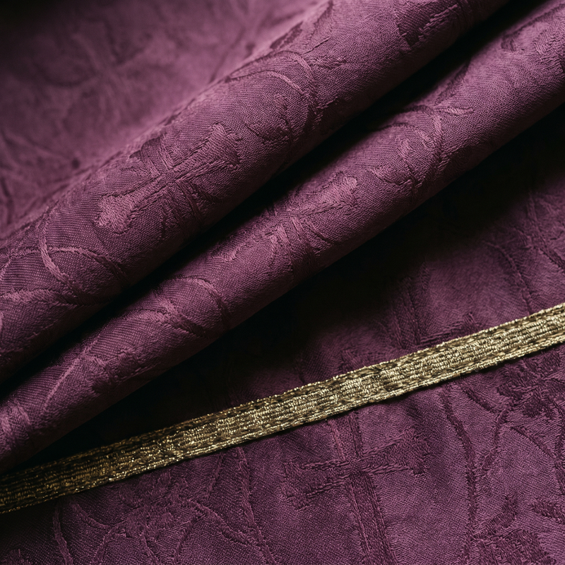 Close detail of deep violet silk damask with gold galloon trim, the liturgical colour of Advent and Lent
