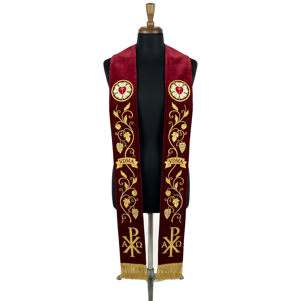 Burgundy velvet-look Lutheran Stole with a Luther Rose medallion, grapevine, VDMA banner and Chi Rho embroidery.
