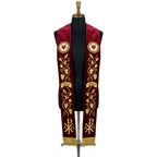 Burgundy velvet-look Lutheran Stole with a Luther Rose medallion, grapevine, VDMA banner and Chi Rho embroidery.