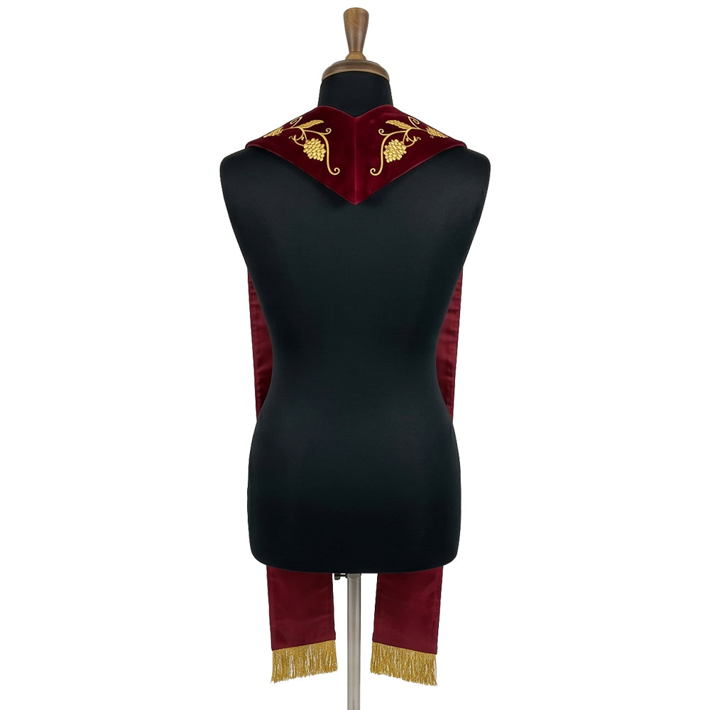 Back view of the Lutheran Stole on a mannequin, showing matching burgundy velvet-look cloth on both faces and gold fringe.