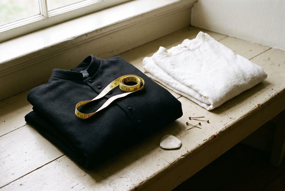 A tape measure laid across a folded black clergy cassock and a white linen alb on a wooden bench