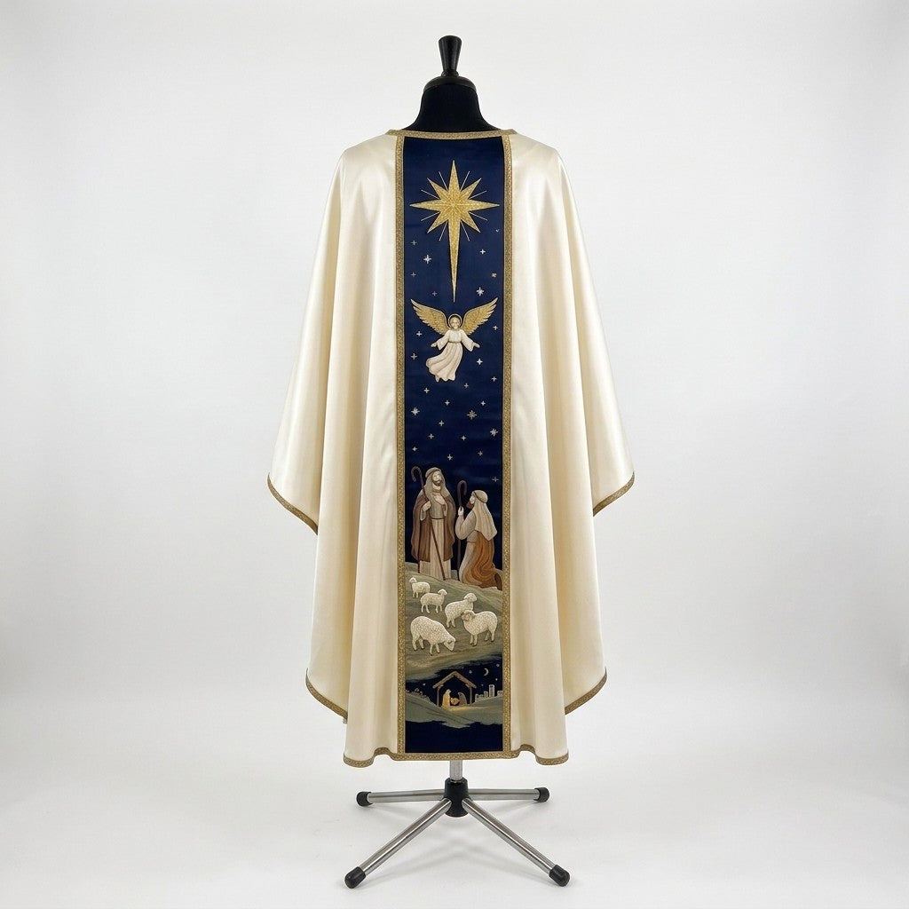 Back of the Nativity chasuble with a navy orphrey: the Star of Bethlehem, an angel, two shepherds with sheep and the stable of Bethlehem at the hem