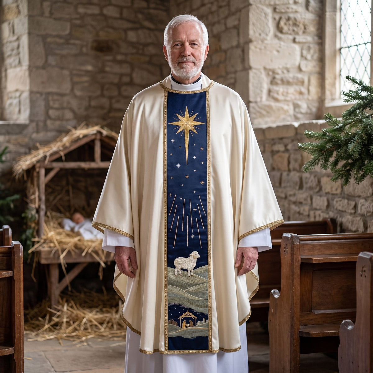 A priest wearing the ivory Nativity chasuble with navy star and lamb orphrey beside a straw-filled manger in a stone chapel
