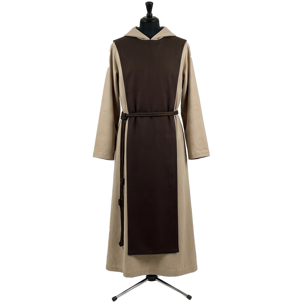 Front view of a tan cotton monk habit with a dark brown scapular running the full length to the hem.