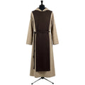 Front view of a tan cotton monk habit with a dark brown scapular running the full length to the hem.