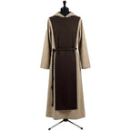 Front view of a tan cotton monk habit with a dark brown scapular running the full length to the hem.