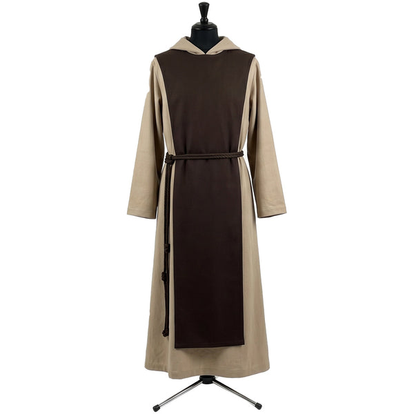 Front view of a tan cotton monk habit with a dark brown scapular running the full length to the hem.