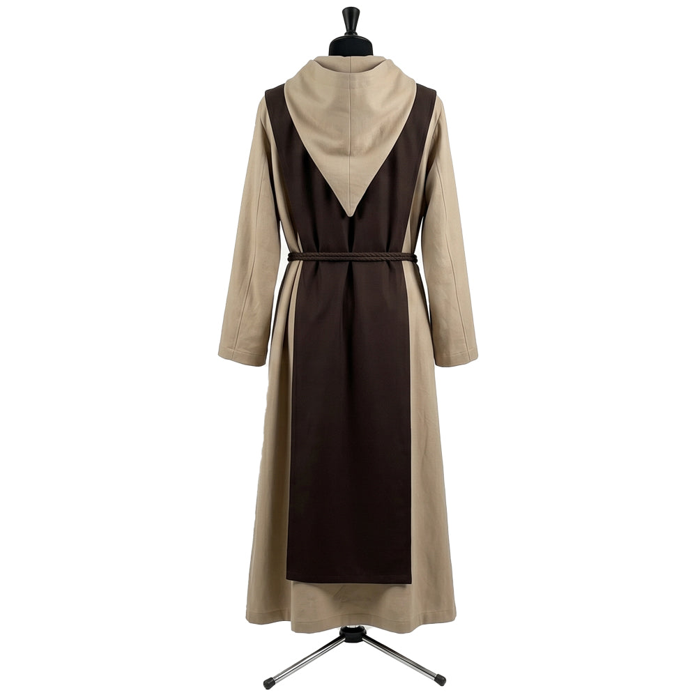 Back view of the tan habit showing the matching brown scapular extending past the tan hemline.