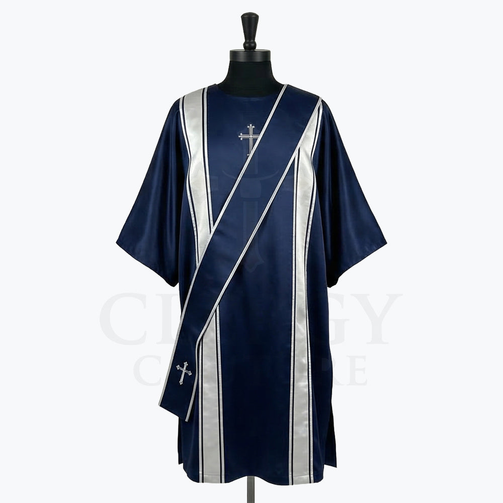 Navy blue satin dalmatic with silver bands and a silver cross at the breast, front view with the matching deacon's stole worn across the body