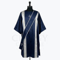 Navy blue satin dalmatic with silver bands and a silver cross at the breast, front view with the matching deacon's stole worn across the body