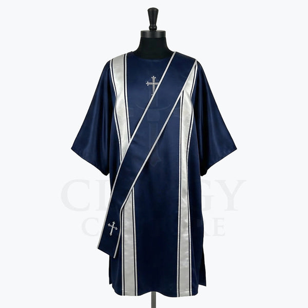 Navy blue satin dalmatic with silver bands and a silver cross at the breast, front view with the matching deacon's stole worn across the body