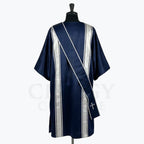 Back view of the navy blue dalmatic showing the silver clavi bands and the stole crossing the back