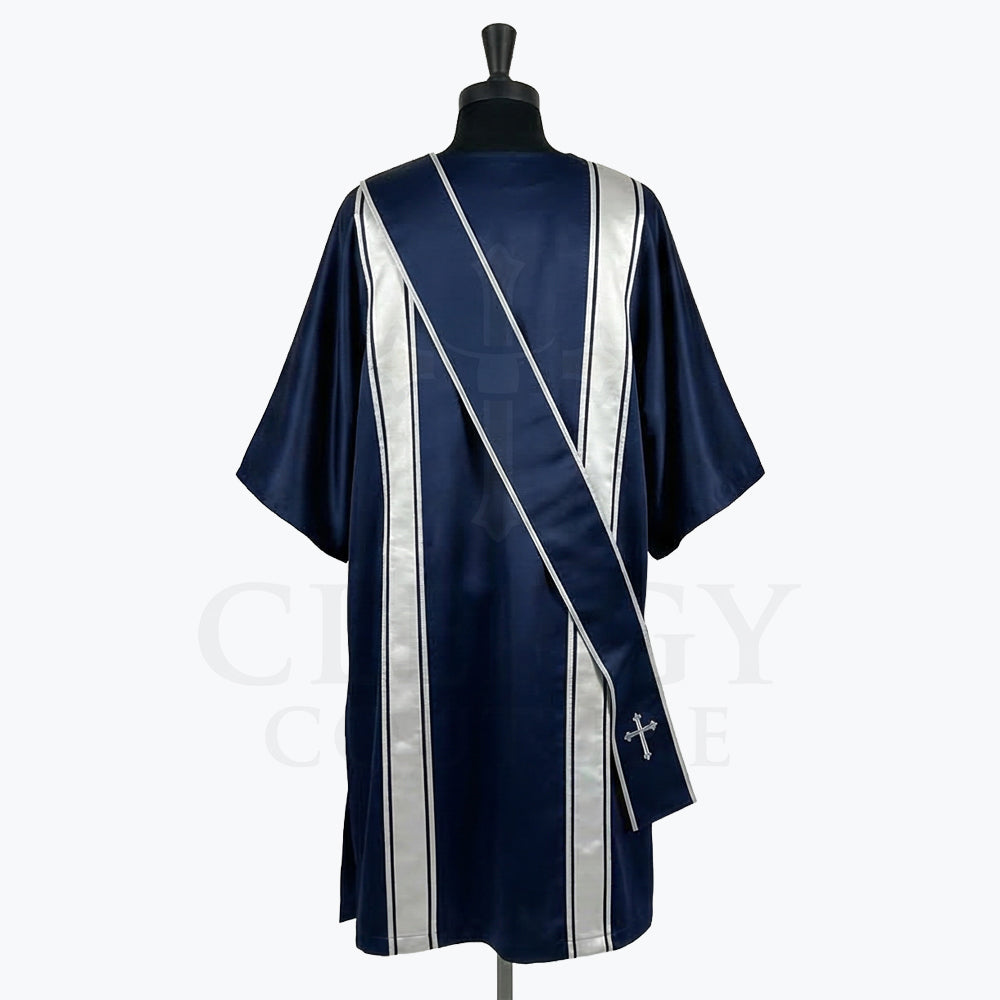 Back view of the navy blue dalmatic showing the silver clavi bands and the stole crossing the back