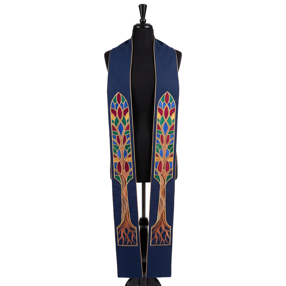 Navy blue Advent stole with a stained-glass style Tree of Life filling most of each embroidered panel