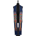Navy blue Advent stole with a stained-glass style Tree of Life filling most of each embroidered panel