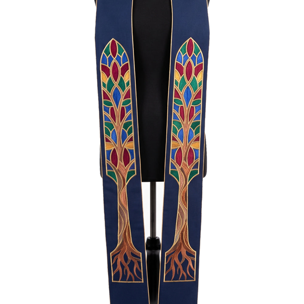Close-up of the navy blue Tree of Life stole showing the stained-glass canopy, trunk and roots in detail