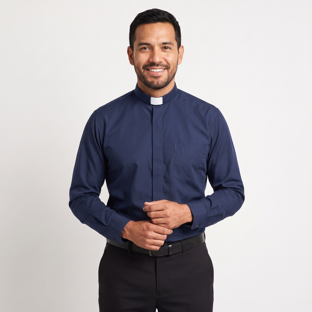 Man wearing the navy long-sleeve tab-collar clergy shirt with a white tab (shown for styling, not included), covered placket and left chest pocket, against a light grey background.