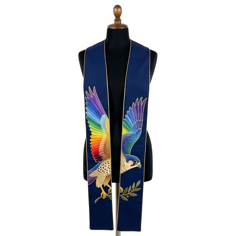 Navy blue stole laid flat with a large eagle spanning both panels, one wing naturalistic and one in rainbow gradient.