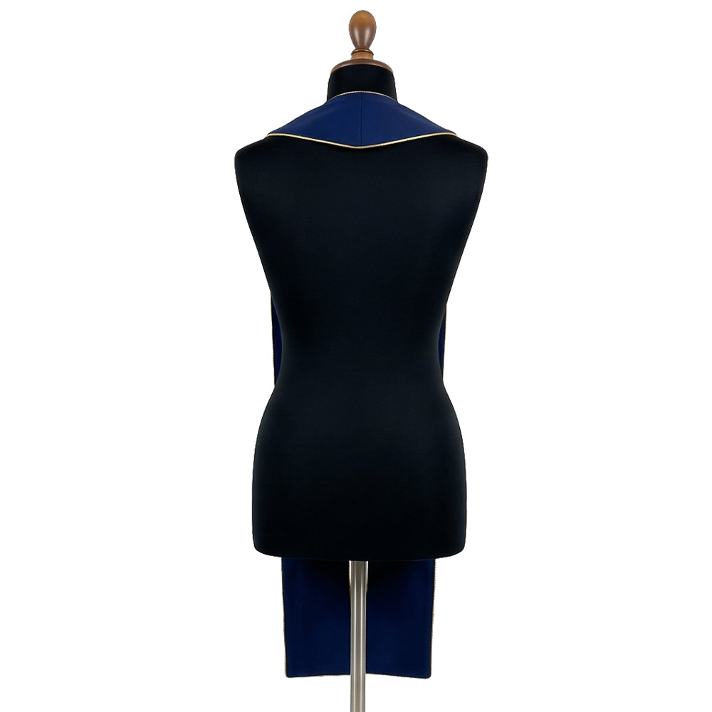 Back view of the navy eagle stole on a dress form, showing the plain gold-piped panels with no embroidery.