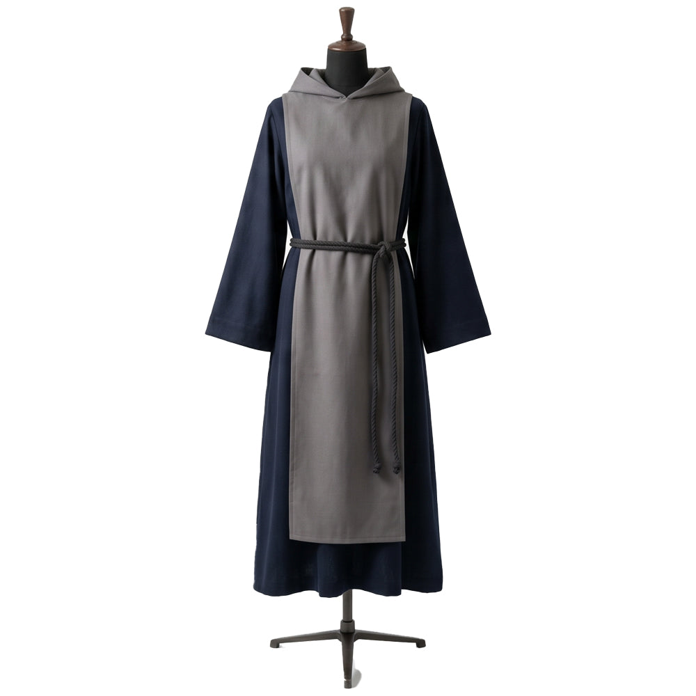 Front view of a navy monk habit with a full-length grey scapular, hood and charcoal rope cincture.