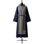 Front view of a navy monk habit with a full-length grey scapular, hood and charcoal rope cincture.