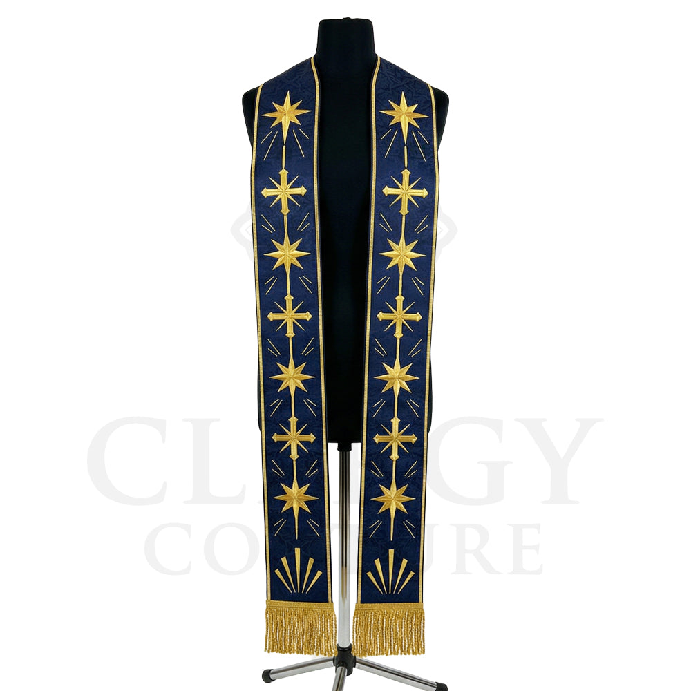 Navy Star of Bethlehem Clergy Stole shown front on with the full gold star and cross column on both panels