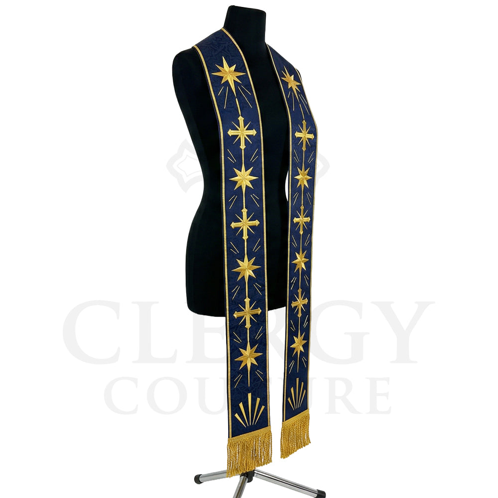 Side profile of the Navy Star of Bethlehem Clergy Stole showing the alternating stars and crosses down the panel