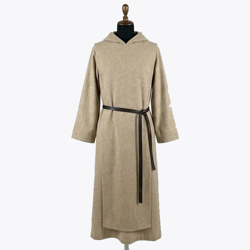 Front full-length view of a single-tone oatmeal monk habit with a plain hood and dark leather belt