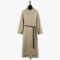 Front full-length view of a single-tone oatmeal monk habit with a plain hood and dark leather belt