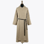 Front full-length view of a single-tone oatmeal monk habit with a plain hood and dark leather belt
