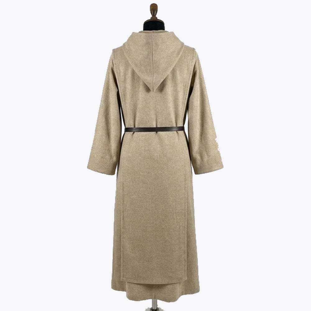 Back view of the oatmeal habit showing the plain pointed hood and unbroken single colour