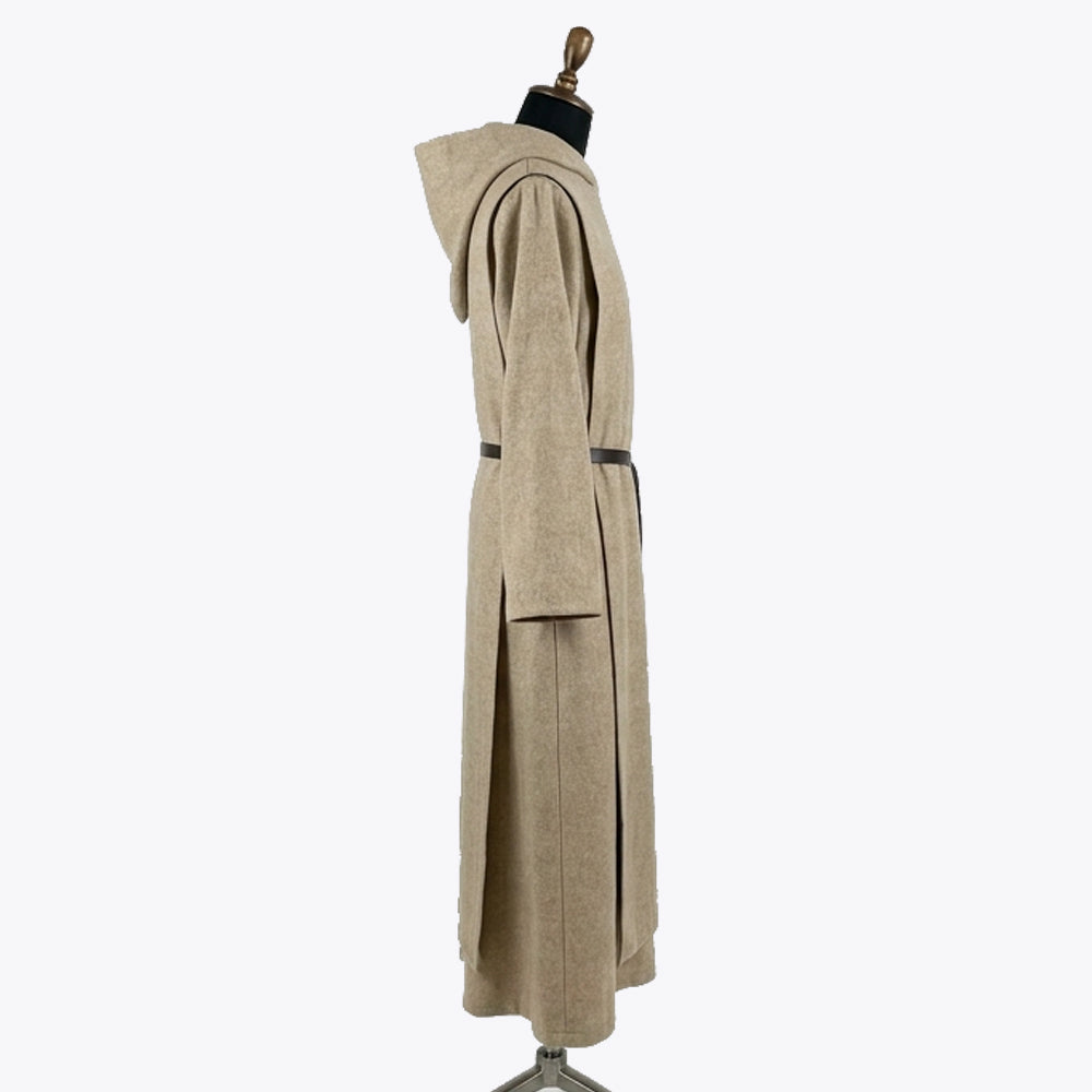 Side profile of the oatmeal habit showing the flat leather belt wrapped once at the waist