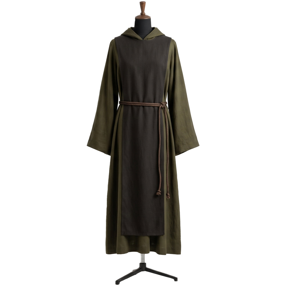 Front view of an olive monk habit with a dark brown scapular, hood and rope cincture