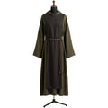Front view of an olive monk habit with a dark brown scapular, hood and rope cincture