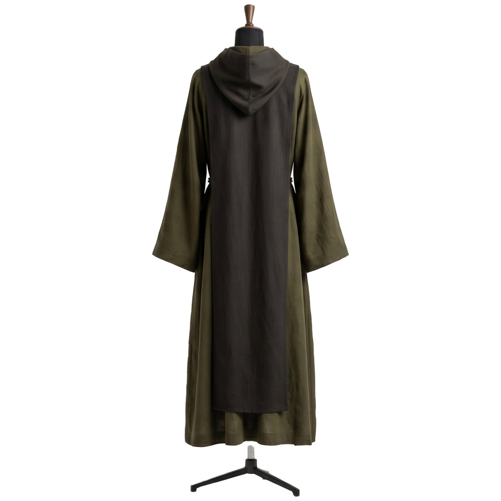 Back view of the olive monk habit showing the dark brown scapular's back panel and hood