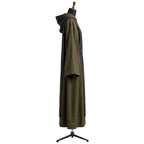 Side profile of the olive monk habit showing the brown scapular contrast and bell sleeves