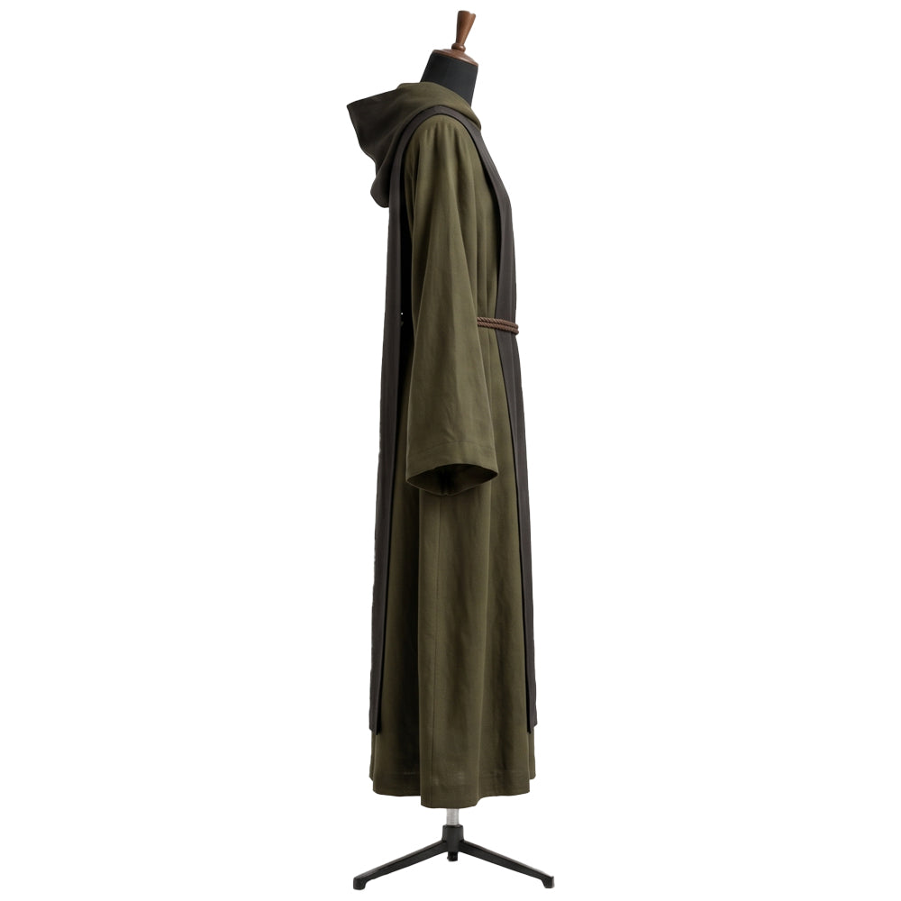 Side profile of the olive monk habit showing the brown scapular contrast and bell sleeves