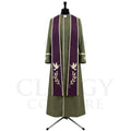 Front view of an olive green clergy cassock robe worn with the optional plum stole embroidered with the Holy Spirit dove.